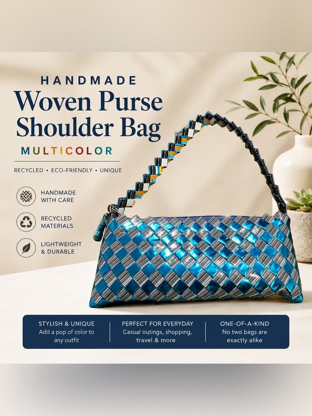 Handmade Recycled Wrapper Woven Shoulder Bag Blue Silver Artisan Purse